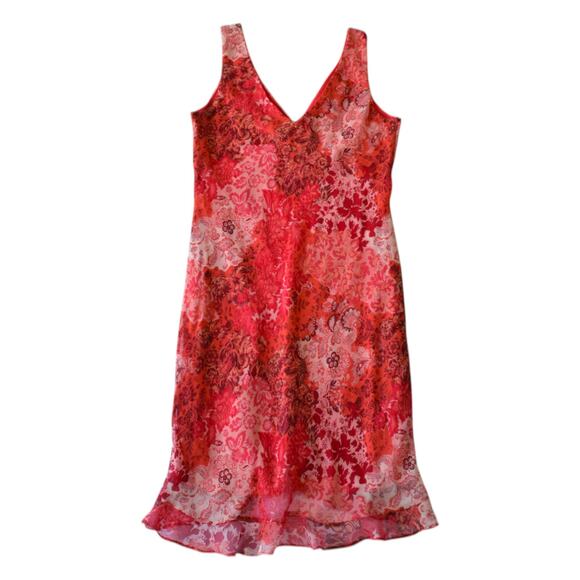 Y2K Red Floral Chiffon Sleeveless V-Neck Midi Dress - Size Medium Large - Picture 5 of 8